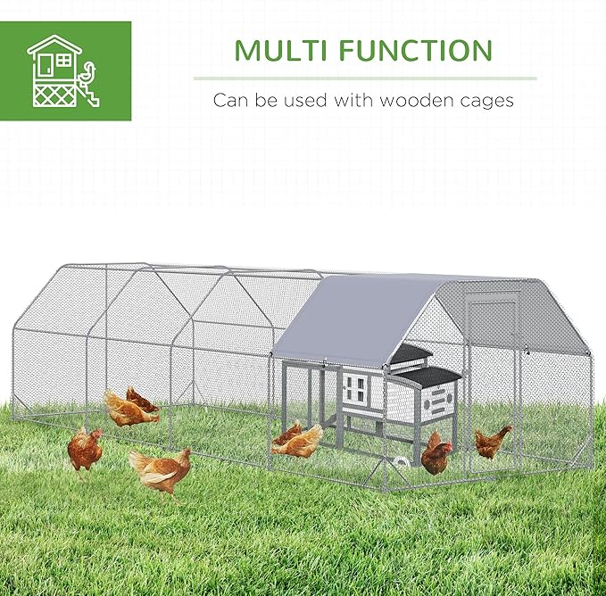 PawHut Large Chicken Coop Metal Chicken Run with Waterproof and Anti-UV Cover, Flat Shaped Walk in Fence Cage Hen House for Outdoor and Yard Farm Use, 1" Tube Diameter, 9.2' x 24.9' x 6.4'
