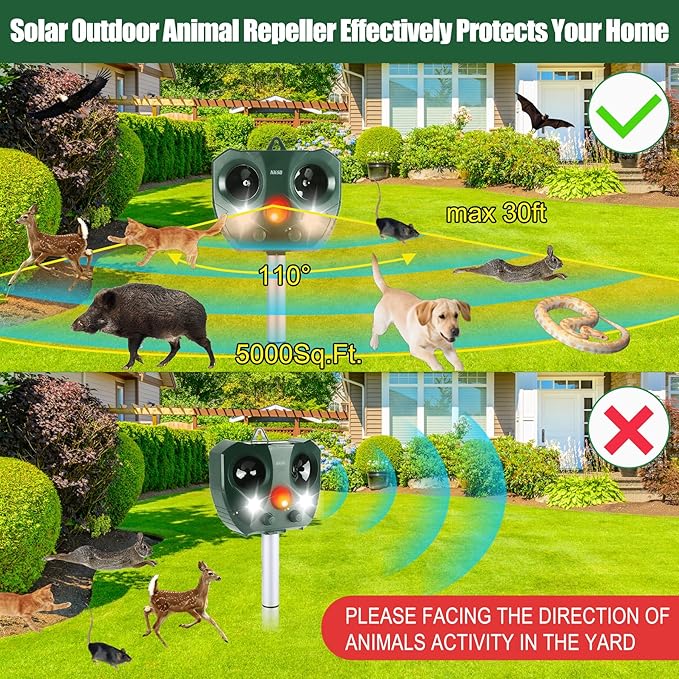 2025 Solar Ultrasonic Animal Repellent Outdoor Indoor, Waterproof Motion-Activated Deterrent Repel Deer Cat Dog Bird Rabbit Squirrels Raccoon Skunk Coyote with Flash Lights for Garden Yard Farm