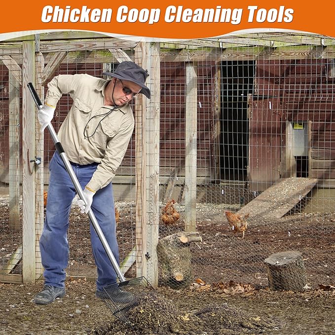 10 Inch Large Metal Chicken Poop Scooper with Adjustable 24–68 Inch Stainless Steel Handle, Heavy Duty Litter Sifting Shovel for Chicken Coop, Cat Litter, Yard, Farm Cleaning Tool