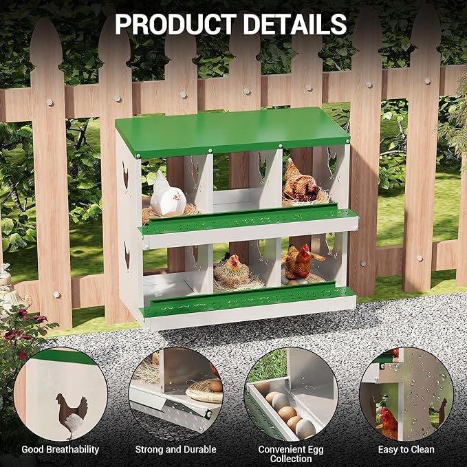 6 Hole Chicken Nesting Box, Galvanized Steel Nesting Boxes with Vented Design, Laying Nesting Boxes for Hens, Wall Mount, Green