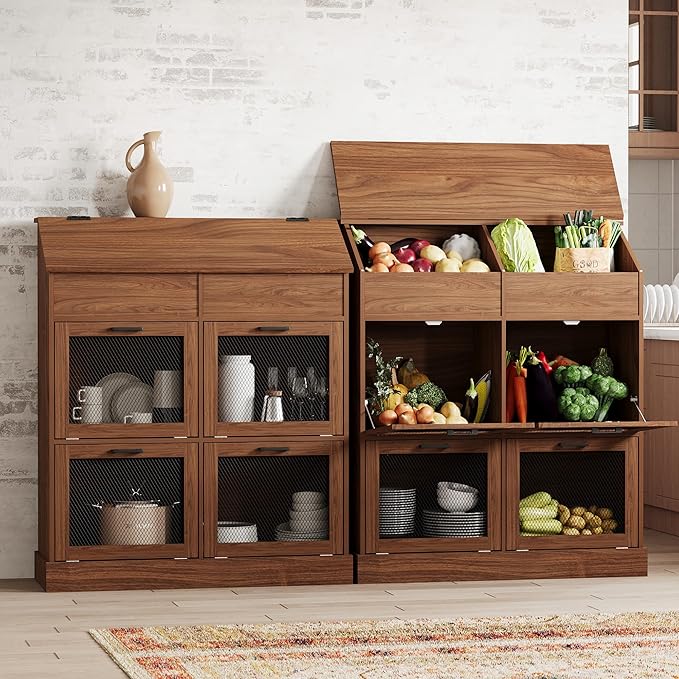 SUNBURY 47" Tall Farmhouse Kitchen Pantry Cabinet, Freestanding Wooden Vegetable Storage Hutch with Breathable Mesh Doors, 6-Compartment Floor Cabinet for Potato, Onion, Rustic Brown