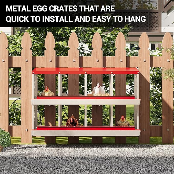 8 Hole Chicken Nesting Box, Galvanized Steel Nesting Boxes with Vented Design, Laying Nesting Boxes for Hens, Wall Mount, Red