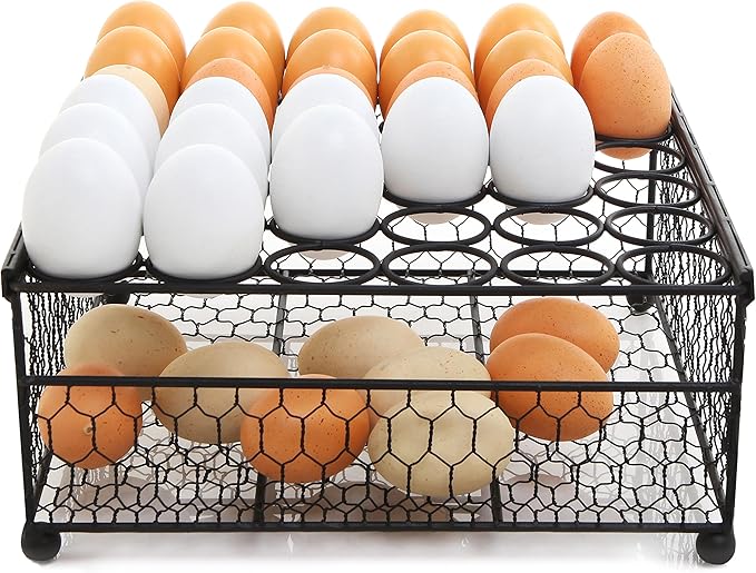 MyGift 2 Tier Black Metal Chicken Wire 36 Egg Display Tray with Bottom Storage Compartment for Fresh Eggs, Country Rustic Farm Egg Basket Container Box