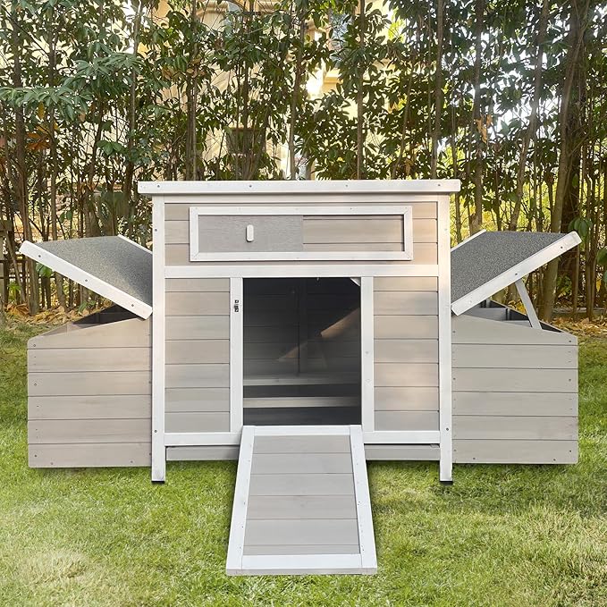 Chicken Coop, 58" Wooden Chicken Coop with 2 Sides Large Nesting Boxes for 4-6 Chickens, Poultry Hutch Rabbit Cage with No-Slip Ramp & Pull-Out Tray for Outdoor Farm Yard (White Grey)