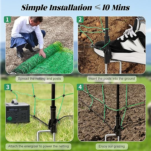 Rengue Electric Fence Netting, 42.5" x 164' Electric Netting Fence, PE Portable Electric Netting with 14 Posts Double Spiked for Goats, Sheep, Lambs in Backyards, Ranches and Farms