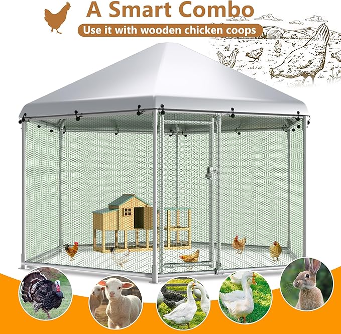 Large Metal Chicken Coop Run, 13 ft Hexagon x 8.6 ft H Chicken Runs for Yard with Cover, Outdoor Walk-in Chicken Pen for 12–20 Hens, Anti-Rust Poultry Cage with Stable Wind-Resistant Design