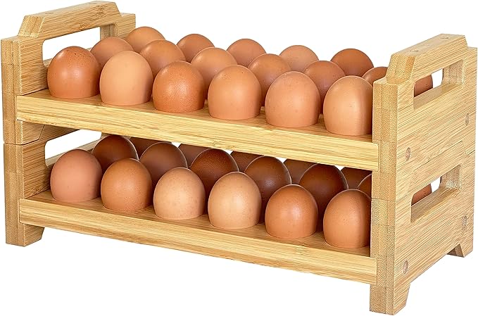Bamboo Egg Holder Countertop - Stackable Design for Fresh Eggs, Farmhouse Egg Tray Storage Display Rack, Kitchen Counter Top Organizer Wooden Egg Stand, Fits Quail, Duck, Turkey, Chicken Eggs (Modern)