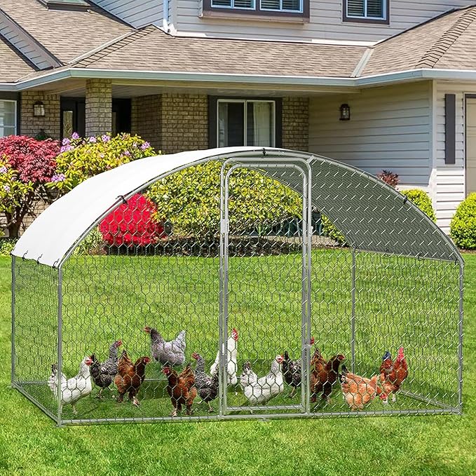 Large Metal Chicken Coop, Dome Roof Chicken Runs for Yard, Walk-in Poultry Cage with Waterproof and Anti-UV Cover, Chicken Pens for Outside Backyard Farm, 6.5 x 9.8 x 6.5 FT