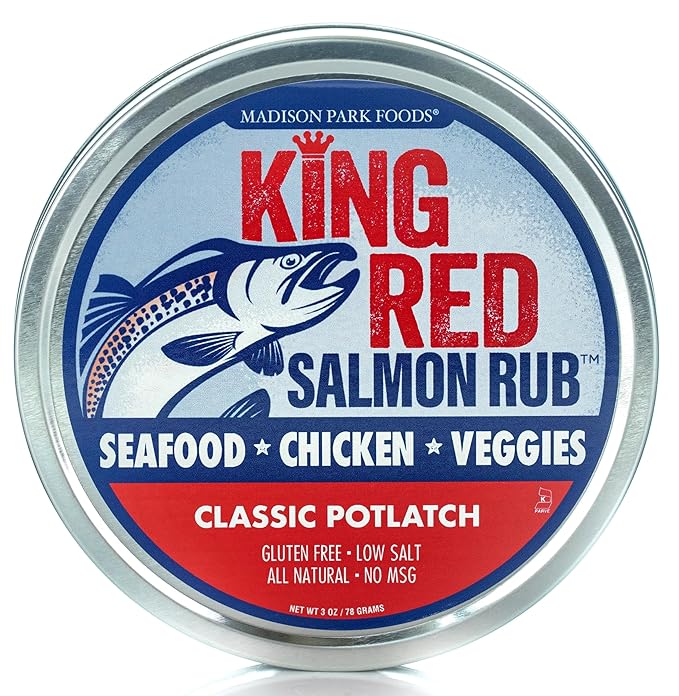 King Red Salmon Rub – Classic Potlatch Seasoning Dry Spice Blend - Grilled Salmon, Seafood and Veggies – All Natural, Gluten-Free, Keto, Low Salt and No MSG – 3oz Fresh-Sealed Pouch in Reusable Tin