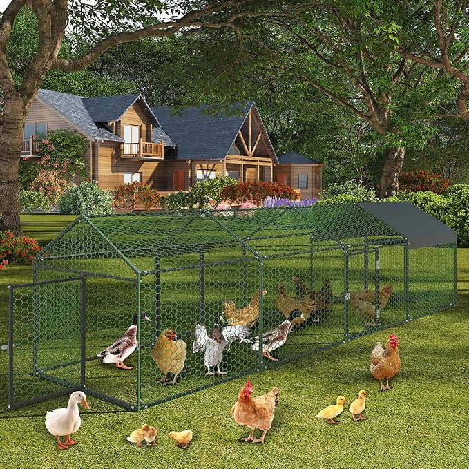 160"x 40"x 40" Large Metal Chicken Coop, Walk-in Chicken Run with Waterproof and Anti-UV Cover, Outdoor Poultry Cage with 4 Doors for Hen Rabbit Duck Goose, Black
