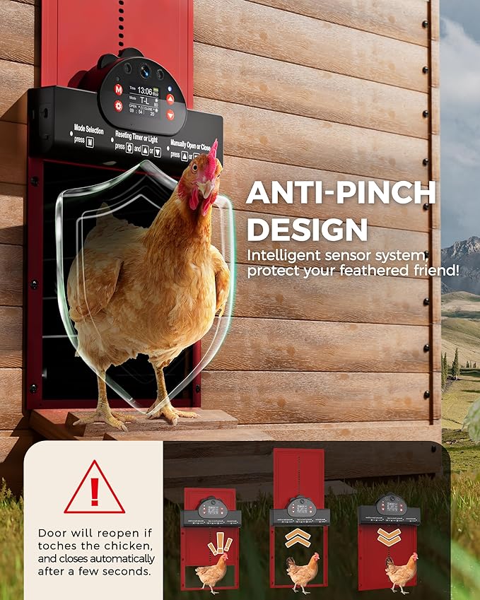 WiFi Automatic Chicken Coop Door with 2K HD Camera, Solar Powered Chicken Door with Anti-Pinch Function, Timer, Security Alarm, 9000mAh Battery, Chicken Coop Accessories