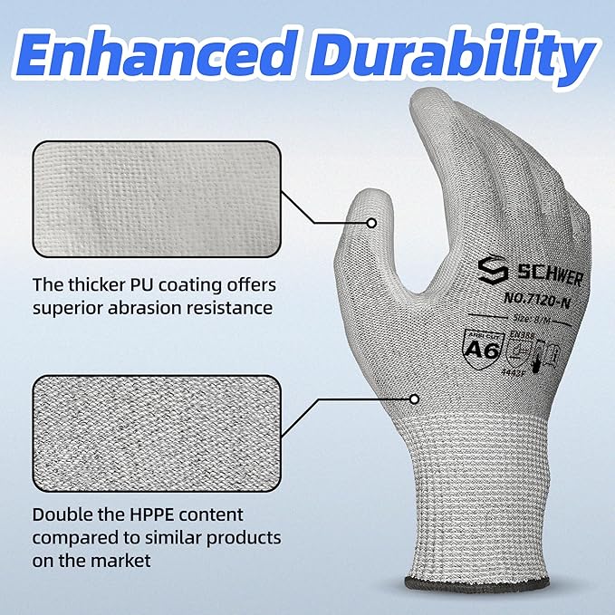 Schwer 12 Pairs Cut Resistant Gloves ANSI A6/A7 (Send Randomly) CR7120 Cut Proof Work Gloves, Touchscreen, for Men and Women Used for Woodworking, Glass Cutting, Construction, Cargo Handling, L