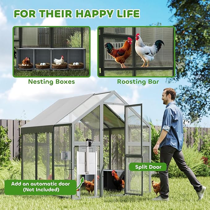 PawHut Large Chicken Run, Wooden Chicken Coop with Waterproof & Anti-UV Cover, Split Door, 2 Nesting Boxes, 2 Roosting Bars, Walk-in Poultry Pen for 6-8 Hens, for Backyard, Farm, 5.5' x 6' x 6'