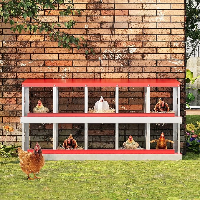 10 Hole Chicken Nesting Box, Galvanized Steel Nesting Boxes with Vented Design, Laying Nesting Boxes for Hens, Wall Mount, Red