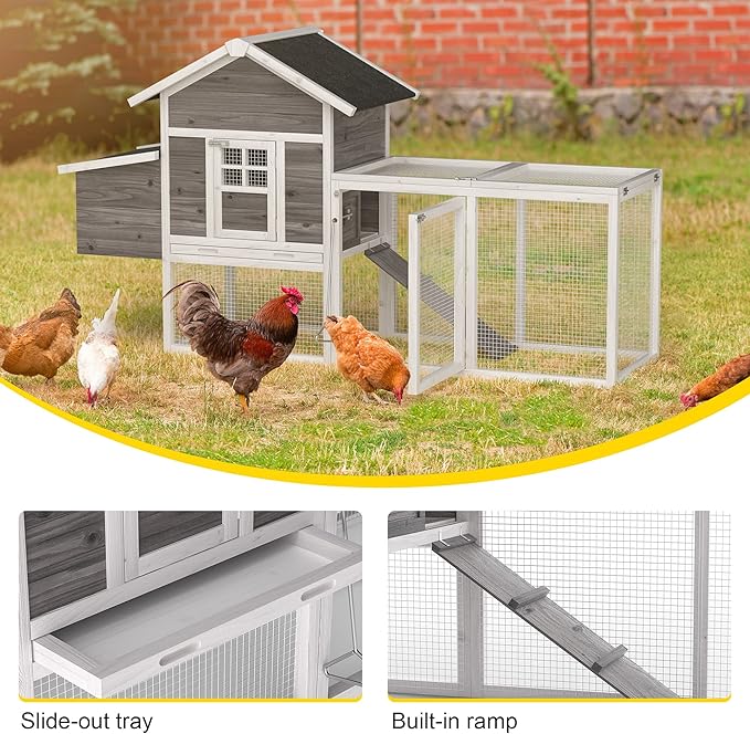 GOJOOASIS Chicken Coop for 2-4 Chickens Outdoor Grey Wooden Hen House Poultry Cage w/Wire Fence, Ramp, Nesting Box, Tray, Roosting Bar, 4 Access Areas (E)