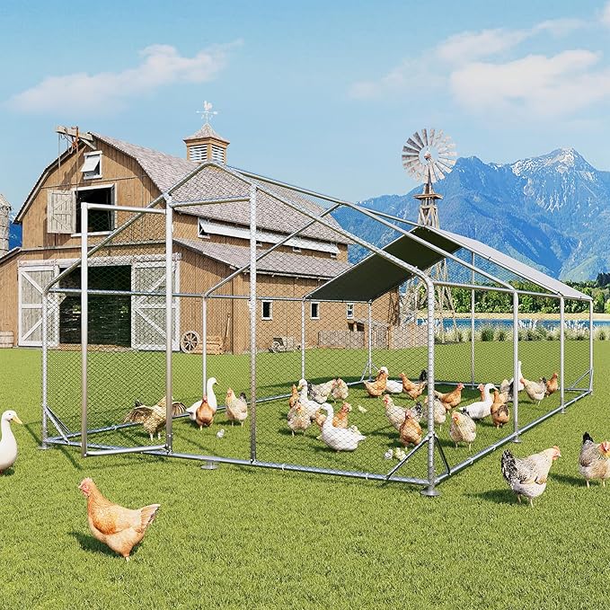 Aoxun Large Metal Chicken Coop, Outdoor Chicken Runs for Yard with Cover, Spire Roof Hen House Enclosure with Security Lock, Walk-in Cage Peak Hen House for Yard Farm (10x20x6.4 FT)