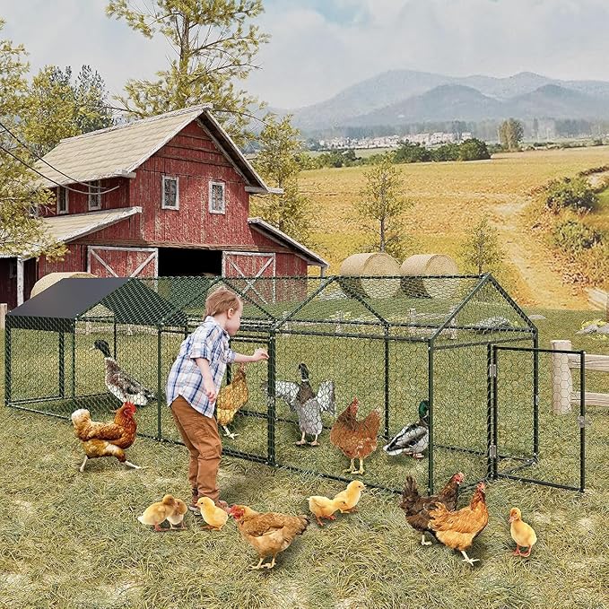 PioneerWorks 160"x40"x40" Large Walk-in Chicken Coop with Waterproof Cover, 4-Door Metal Poultry Run for Chickens, Ducks, Rabbits & Geese, Outdoor Animal Enclosure for Yard, Black
