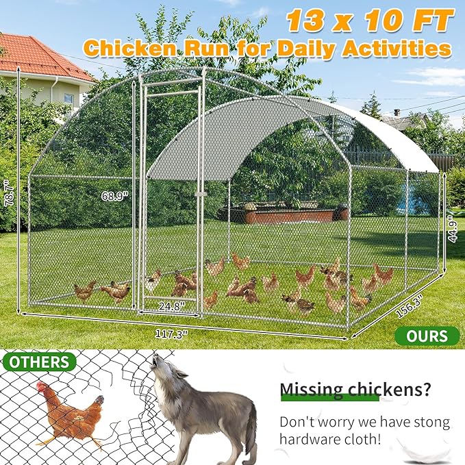 VINGLI Large Metal Chicken Coop, 13.1x9.8 6.5 ft Poultry Cage for Chicken Run, Walk-in Chicken Pen with Waterproof & Anti-UV Cover for Yard Outdoor (Silver-Dome Roof)