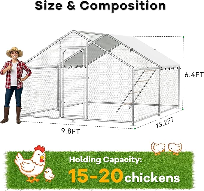 Large Metal Chicken Coop Walk-in Poultry Cage with Waterproof Roosting Perch and UV-Resistant Cover, Outdoor Chicken Run for Backyard Farm Use,Spire Roof(10'W x 13.2'L x 6.4'H)