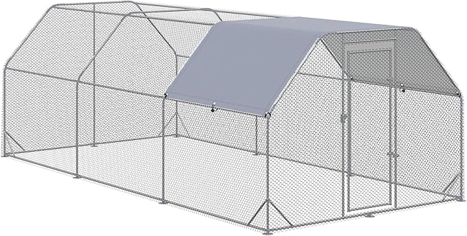 PawHut Large Chicken Coop Metal Chicken Run with Waterproof and Anti-UV Cover, Flat Shaped Walk in Fence Cage Hen House for Outdoor and Yard Farm Use, 1" Tube Diameter, 9.2' x 18.7' x 6.4'