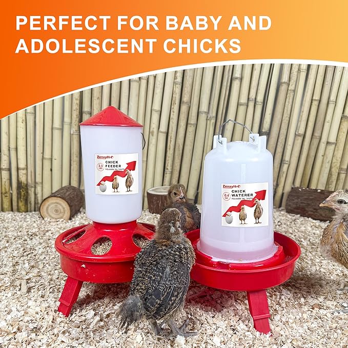 2-in-1 Chick Starter Set: 0.4 Gal Feeder and 0.4 Gal Waterer with Adjustable Legs for Baby Chicks, Includes Scoop, Hanging Hooks, Anti-Drown Design - BPA-Free Plastic (Red)