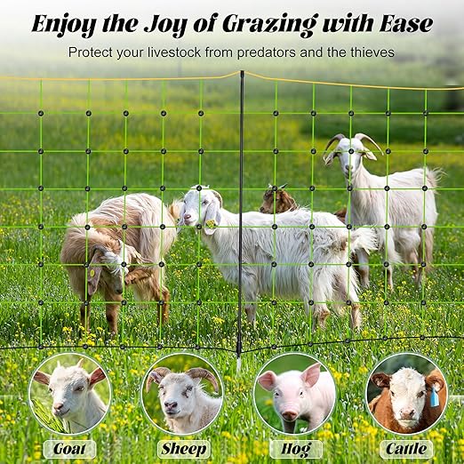 Rengue Electric Fence Netting, 42.5" x 164' Electric Netting Fence, PE Portable Electric Netting with 14 Posts Double Spiked for Goats, Sheep, Lambs in Backyards, Ranches and Farms