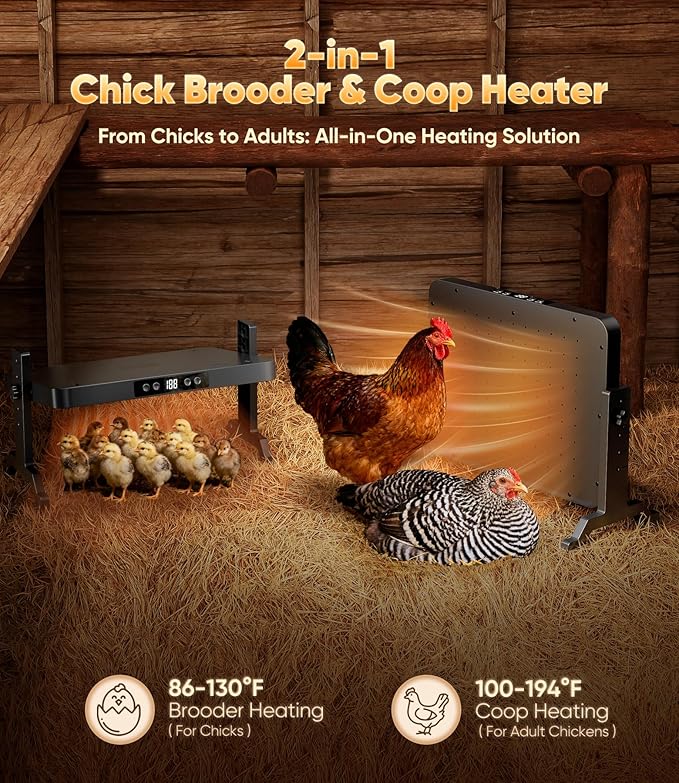 Smart Brooder Heating Plate, 2-in-1 Chicken Coop Heater & Chick Brooder, 200W Rapid Radiant Heat with Adjustable Temp 86~194℉ & Timer & Height & Angle, Peck-Resistant Power Cord, ETL/UL Certified Safe
