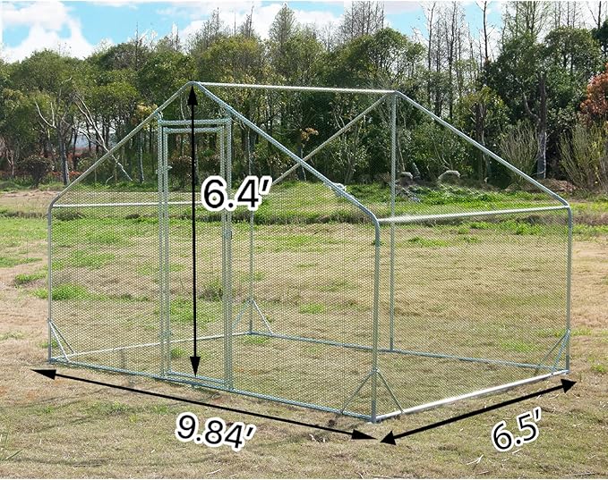 Large Metal Chicken Coop Walk-in Poultry Cage Hen Run House Habitat Spire Shaped Cage with Waterproof and Anti-Ultraviolet Cover for Outdoor Backyard Farm Use (6.5’ L × 9.84’ W)