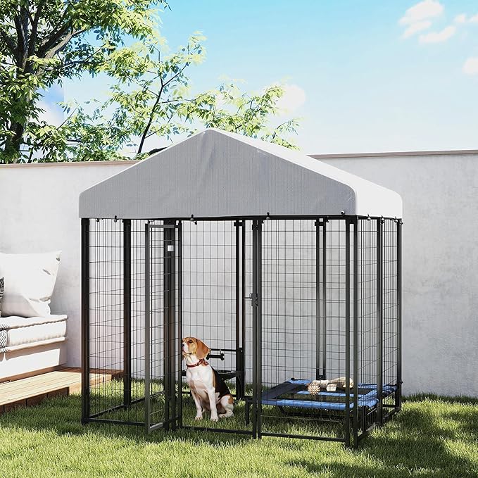 PawHut Outdoor Dog Kennel with Roof, 6' x 4' x 6' Heavy Duty Welded Wire Dog Playpen Enclosure with Escape-Proof Lock, UV-Resistant & Waterproof Cover, for Medium Dogs, Chickens, Ducks, Silver