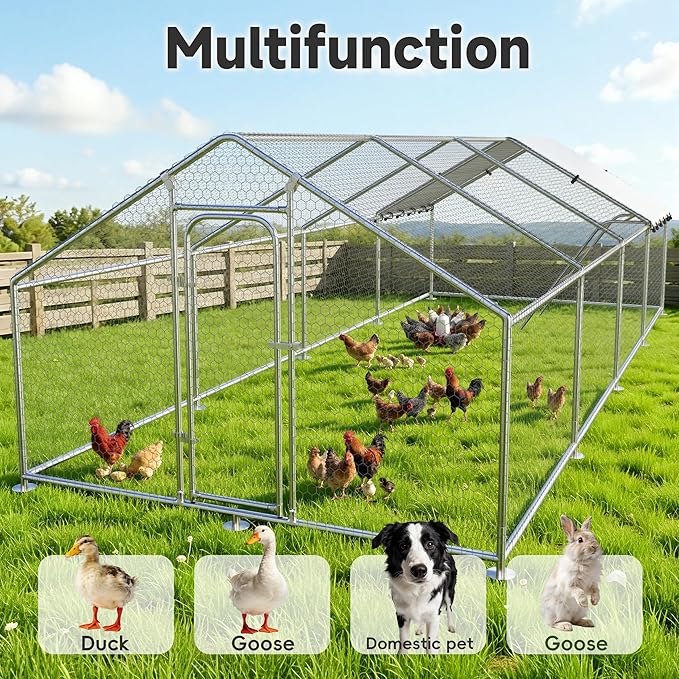 Large Metal Chicken Coop with Roosting Perch, Waterproof and UV Protection Cover, Chicken Run Outdoor Walk-in Cage Chicken Rabbit Duck Hen House for Yard Farm Use Spire Roof (10’ W x 26.2’ L x 6.4’ H)