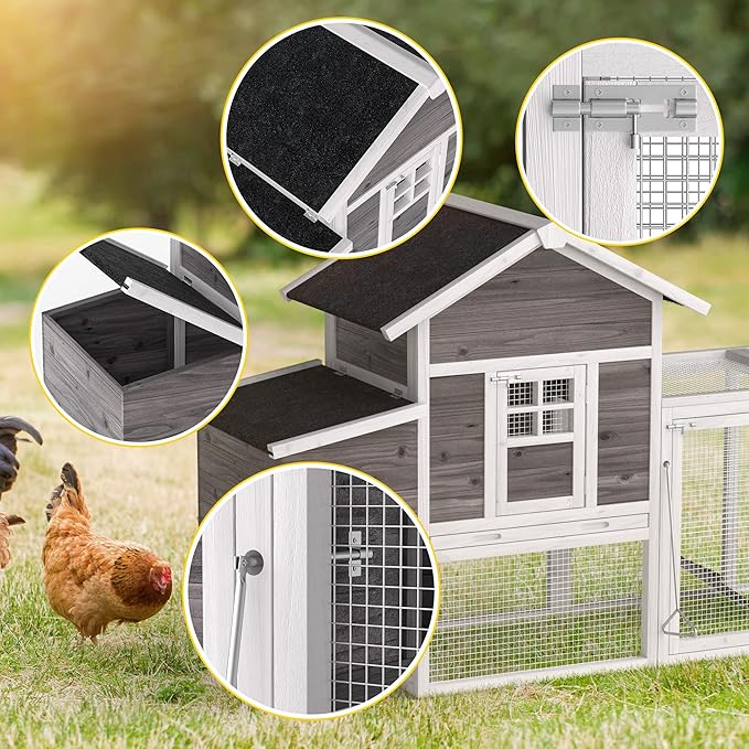 GOJOOASIS Chicken Coop for 2-4 Chickens Outdoor Grey Wooden Hen House Poultry Cage w/Wire Fence, Ramp, Nesting Box, Tray, Roosting Bar, 4 Access Areas (E)