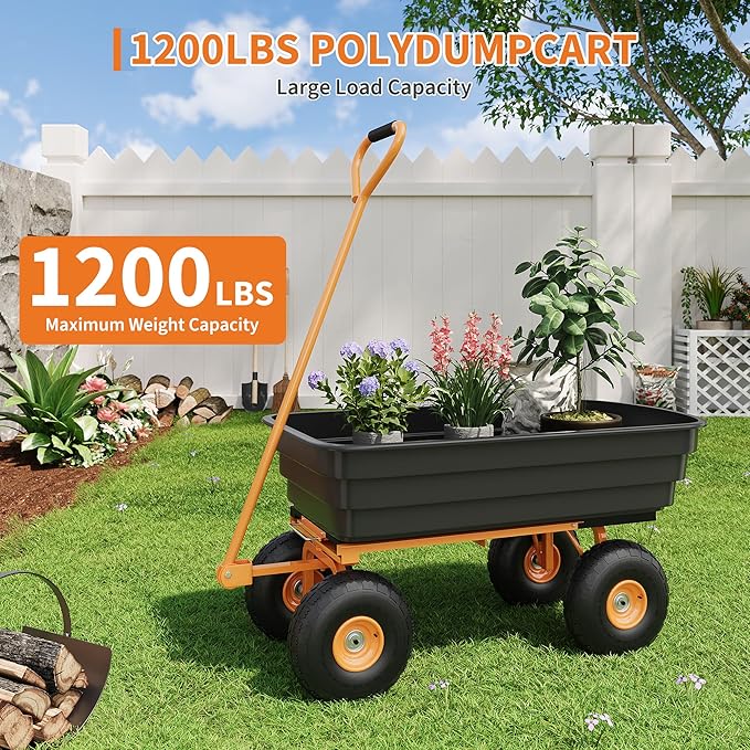 Heavy Duty Garden Dump Cart 1200 lbs, 6 Cu.Ft. Yard Wagon with Quick-Release Tipping, 13" All-Terrain Wheels, 4-Wheel Wheelbarrow for Outdoor Gardening, Farm – Black Bucket & Orange Iron Handle |