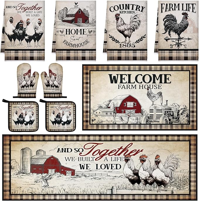 10 Pcs Barn Chicken Kitchen Dish Towels Rugs Oven Mitts and Pot Holders Set Farmhouse Kitchen Decor Set for Women Mom Daughter Gift Cooking Baking Grilling (Retro Color)