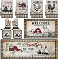 10 Pcs Barn Chicken Kitchen Dish Towels Rugs Oven Mitts and Pot Holders Set Farmhouse Kitchen Decor Set for Women Mom Daughter Gift Cooking Baking Grilling (Retro Color)