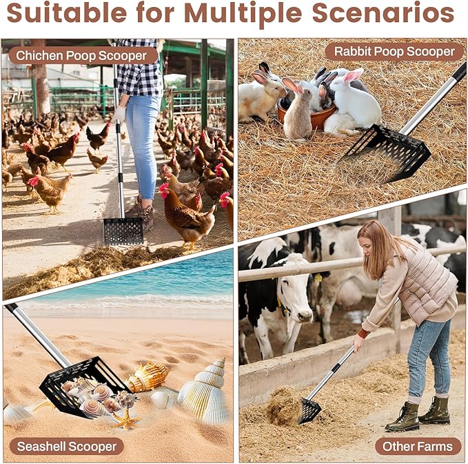 2-in-1 Chicken Poop Scooper & Rake,10" Wide Metal Sand Sifting Shovel with Grip,Chicken Pooper Scooper for Poop Shavings,Litter Scooper for Chicken Coop Accessories,Adjustable Handle (24" to 66")