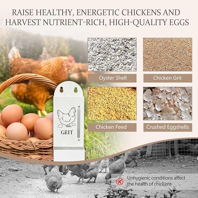 Chicken Grit and Oyster Shell Feeder, Poultry Feeder with Visual Window, No-Mess Weatherproof, Metal Hanging Gravity Chicken Feeder, Chicken Coop Accessories (Oyster-White)