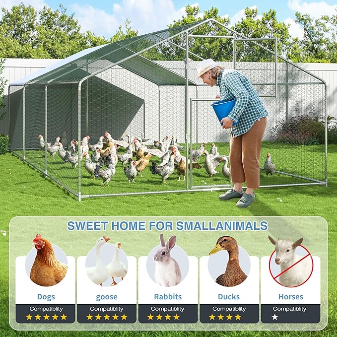 Polar Aurora Metal Chicken Coop, Large Outdoor Chicken Pen, Walk-in Chicken Run for 6-20 Chickens, Double Door Chicken House with Waterproof UV Protection Cover for Backyard (Spire-L)