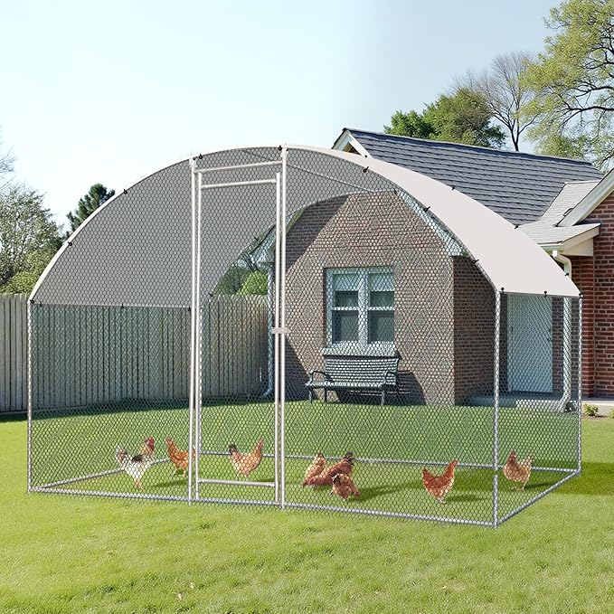 VINGLI Large Metal Chicken Coop, 6.5x9.8x6.5 ft Poultry Cage for Chicken Run, Walk-in Chicken Pen with Waterproof & Anti-UV Cover for Yard Outdoor (Silver-Dome Roof)