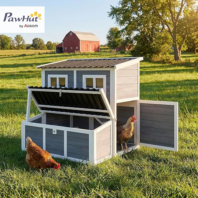 PawHut Wooden Chicken Coop, 39" Chicken House with Nesting Box, Pull-Out Tray, Waterproof Roof, Hen House Outdoor Poultry Cage for 4-6 Chickens, Rabbits, Small Animals, for Backyard, Light Gray