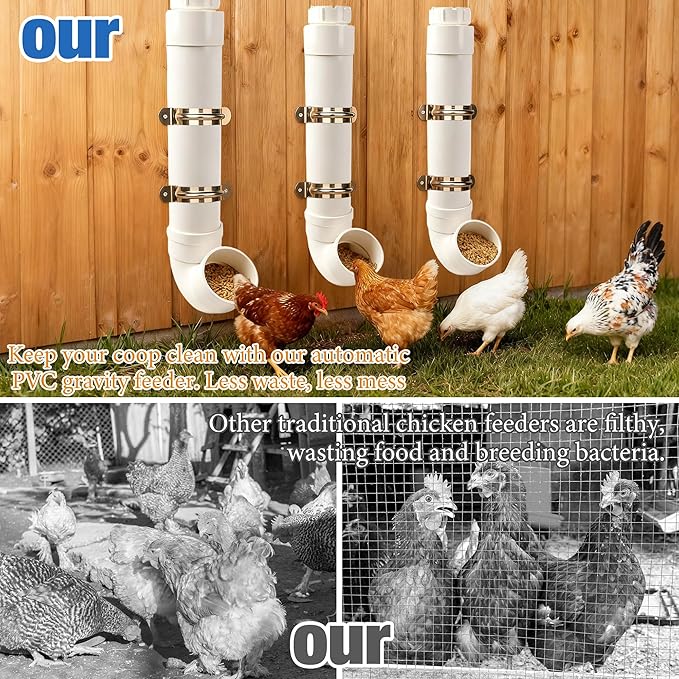 HOMAR 3PC Automatic Chicken Feeder - No Waste, 6lb Large Capacity Heavy Duty Rat Proof PVC Pipe Hanging Gravity Feeder for Chicken Coop Poultry Long Feeding