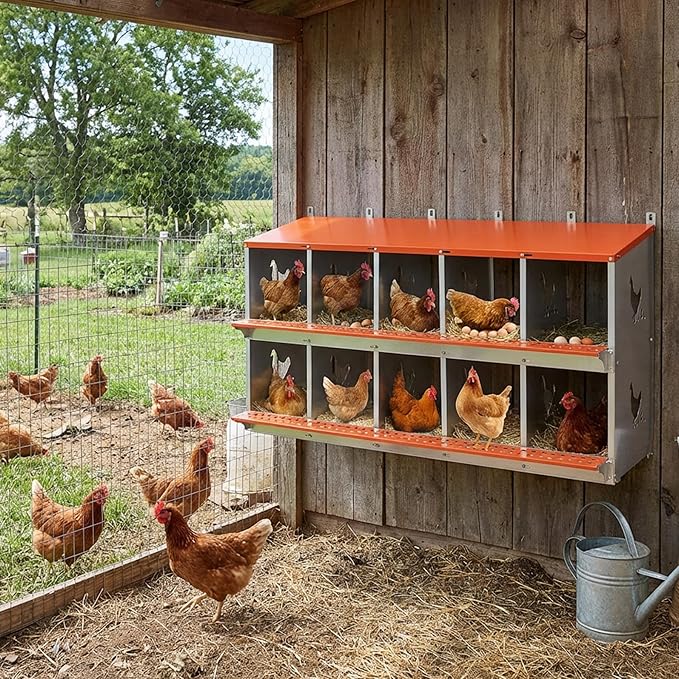 Chicken Nesting Boxes for Laying Eggs with Soft Chicken Nesting Pads &Vented Holes Wall Mountable Laying Boxes with Roll Away Egg Collection Easy to Clean and Install Orange (10 Compartment)