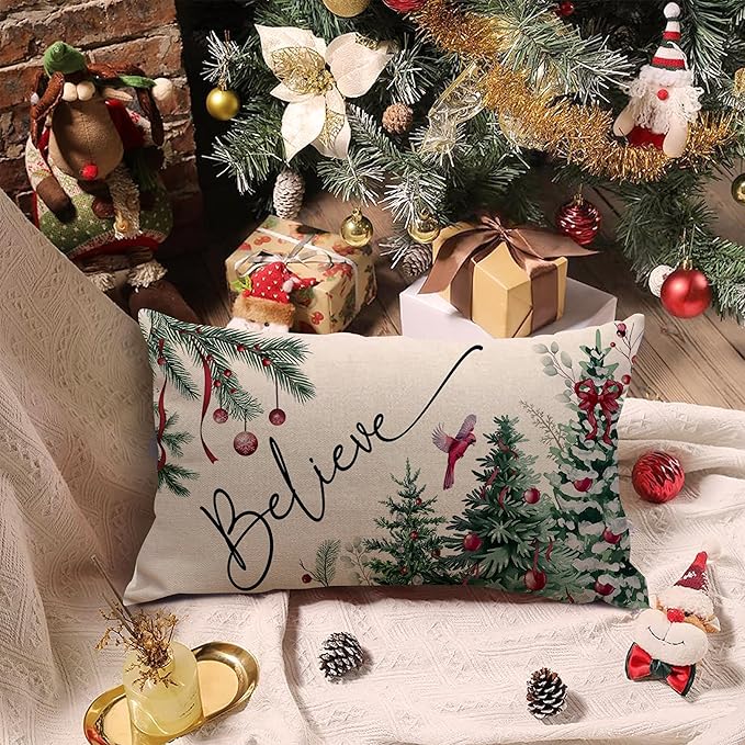 Christmas Pillow Cover 12X20 Inch Red Baubles Believe Christmas Tree Forest Bird Decoration Holiday Farmhouse Winter Pillow Case for Sofa Couch Decor
