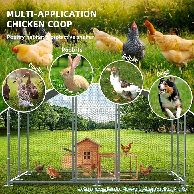 VIVIJASON Large Metal Chicken Coop Outdoor Walk-in Poultry Cage Hen Run House Rabbits Habitat Cages Spire Shaped Coop with Waterproof and Anti-UV Cover for Yard Farm (13.12' L x 9.84' W x 6.56' H)