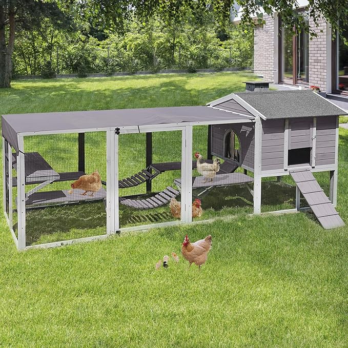 Large 2-Story Wooden Chicken Coop with Weatherproof Run & Canopy - Spacious Hen House for 6-8 Chickens, Rabbits, Ducks - Easy-Clean Design
