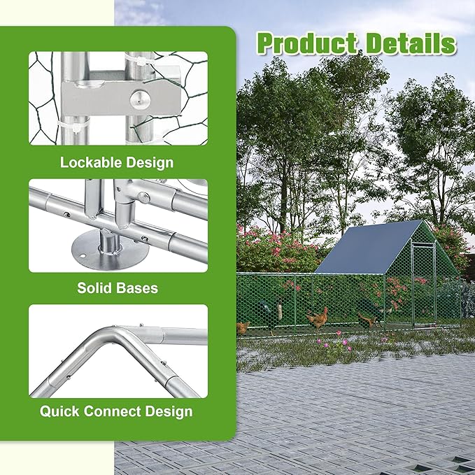 KEIKI Large Metal Chicken Coop, Metal Chicken Run with Waterproof Cover, Farm Poultry Run Hutch Hen House, Outdoor Walk-in Chicken Pen for Poultry Duck Rabbit, 9.93ft x 3.52ft x 4.97ft