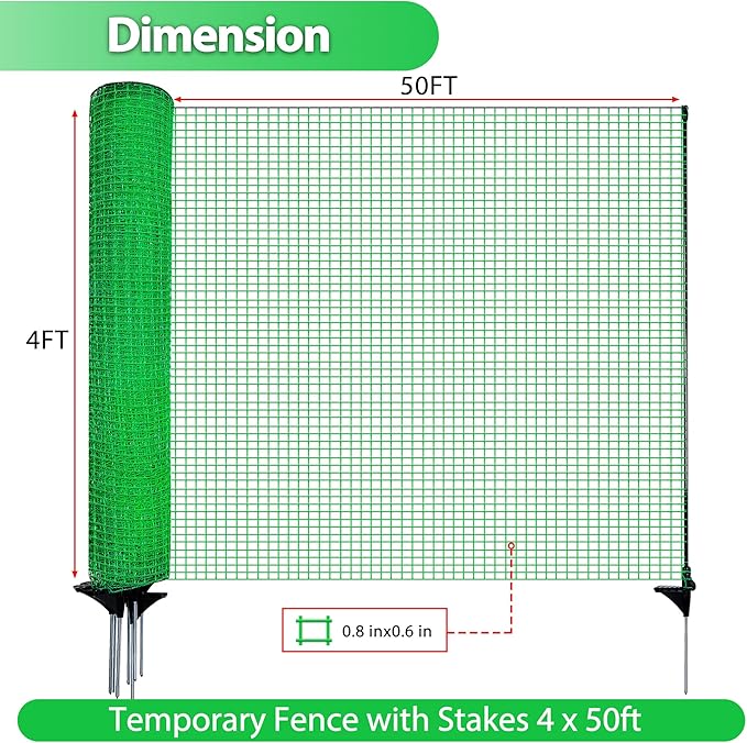 Temporary Fence with Posts, 4'x50' Plastic Fencing Garden Fence Animals Barrier with Fiberglass Stake Windbreak Rope, Portable Snow Fences, Fencing for Dogs Outdoors Backyard (Green)