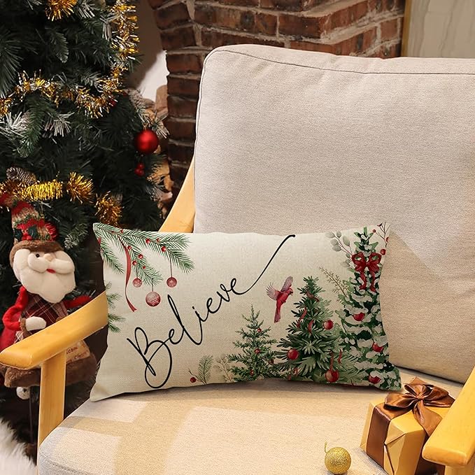Christmas Pillow Cover 12X20 Inch Red Baubles Believe Christmas Tree Forest Bird Decoration Holiday Farmhouse Winter Pillow Case for Sofa Couch Decor