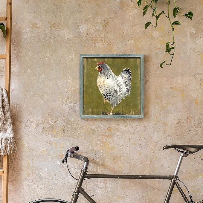 Farm Wall Art Wood Decor: Farmhouse Animal Framed Picture Rustic Chicken Print Painting Country Hen Artwork Decorations for Kitchen Home Living Room 12 x 12 Inches