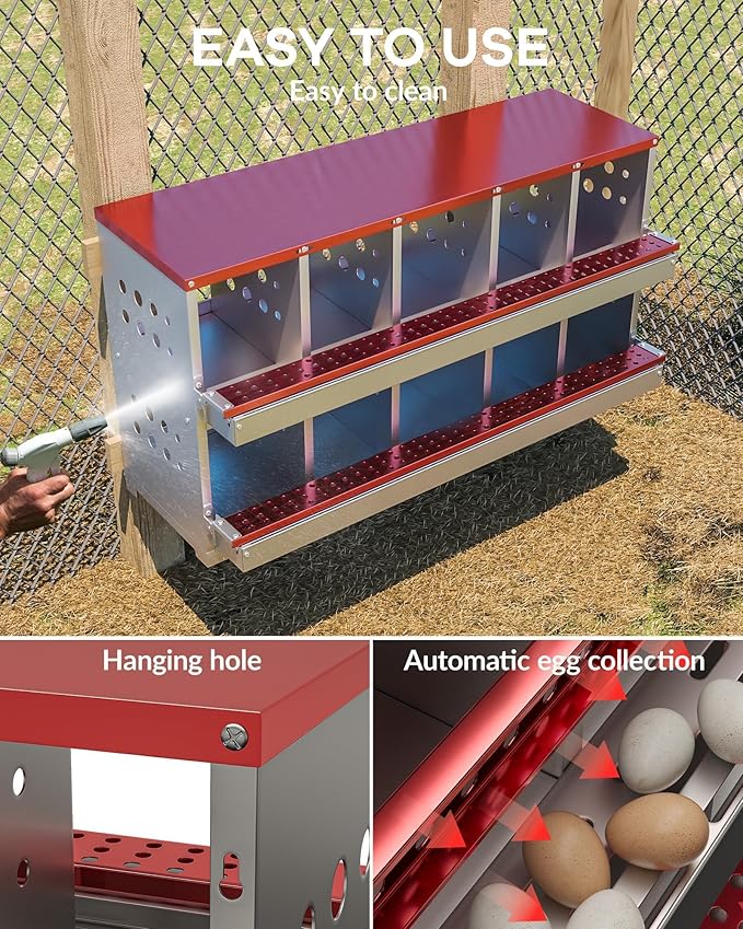 10-Hole Galvanized Metal Chicken Nesting Box with Egg Collection Tray/Fake Training Eggs, Rustproof Poultry Laying Box with Perch Rod,for Chicken Coops and Hens