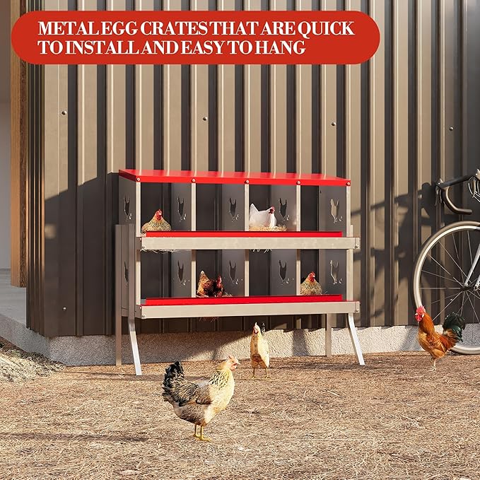 Chicken Nesting Boxes,8 Compartments Galvanized Steel Metal Laying Boxes with Leg,Pull-Out Egg Box Easy Egg Collection & Clean,Wall Mount Suitable for Farm Chicken House,Red